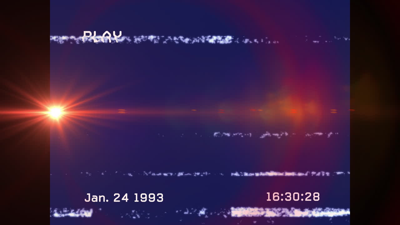 Retro VHS-style animation with glowing light and static lines on screen
