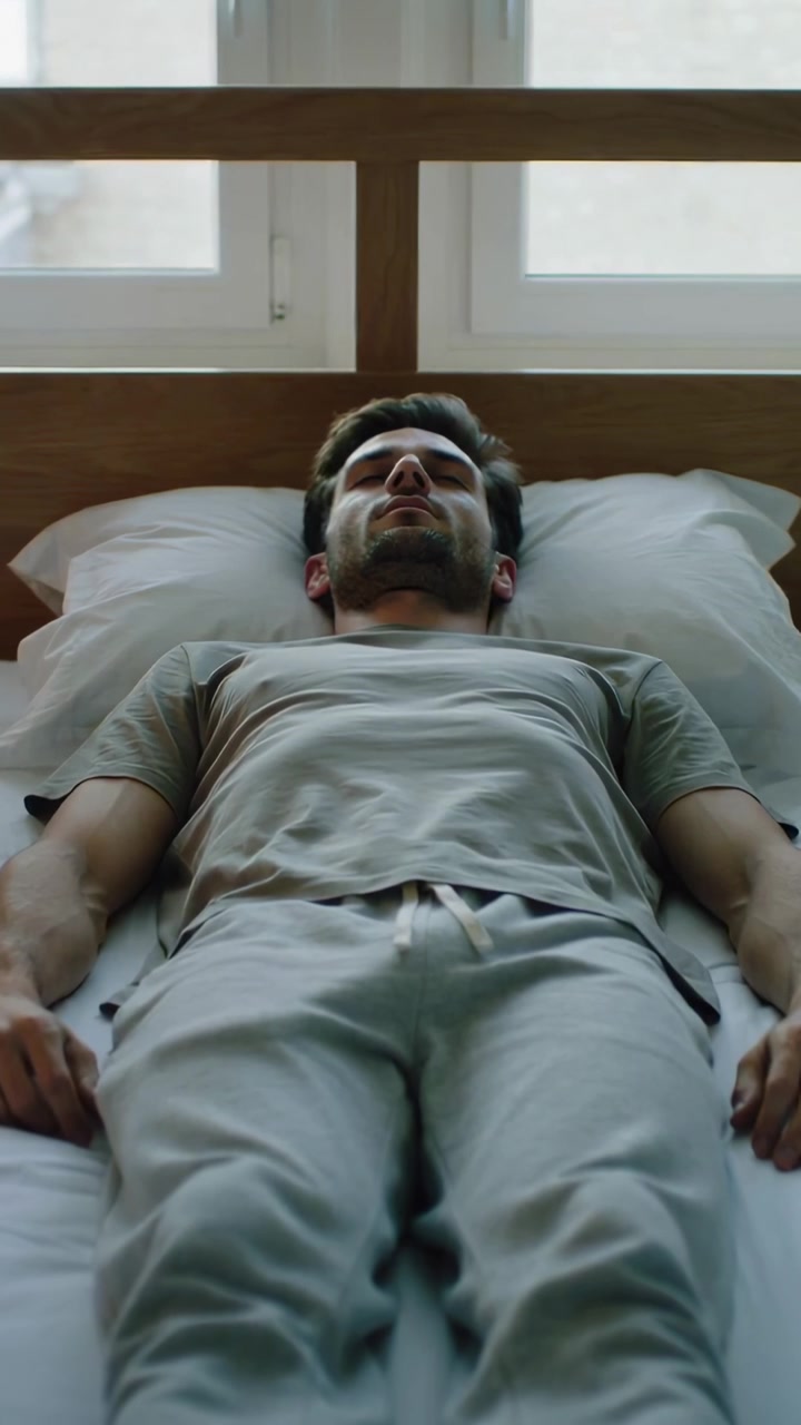 Vertical video: Lying adult male breathing and resting on bed at home, wearing grey tee and pants