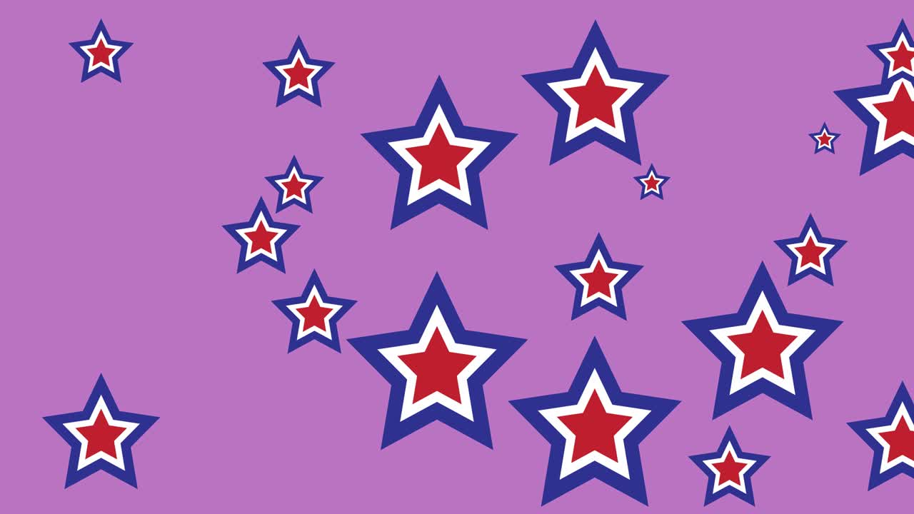 animación de estrellas de color de la bandera estadounidense que se mueven sobre un fondo rosa