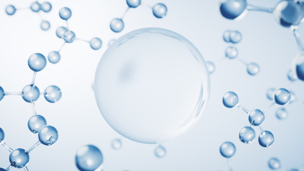 파란색 배경의 분자, 3d 렌더링