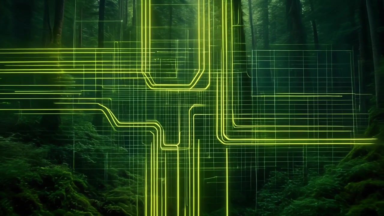 Digital Circuit Lines Glowing in a Lush Green Forest