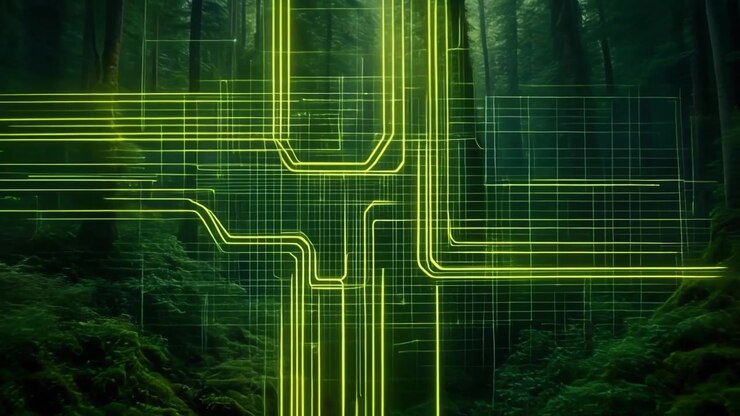 Digital Circuit Lines Glowing in a Lush Green Forest