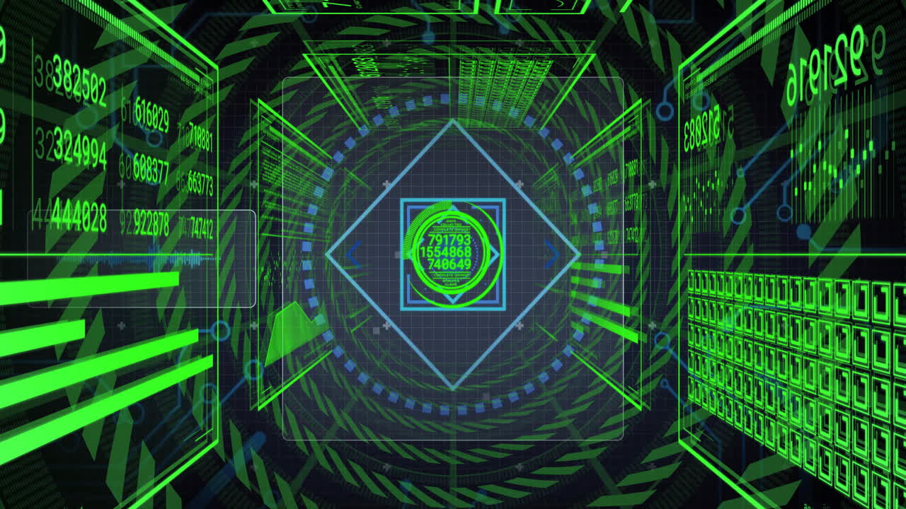 Animation showing futuristic digital interface with green geometric patterns and data