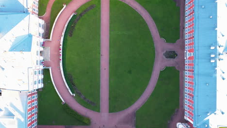Top-down aerial view of Jelgava Palace’s symmetrical courtyard garden