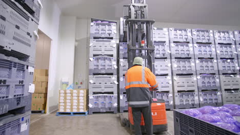 4k warehouse worker lifting pallet from height with pallet jack machinery