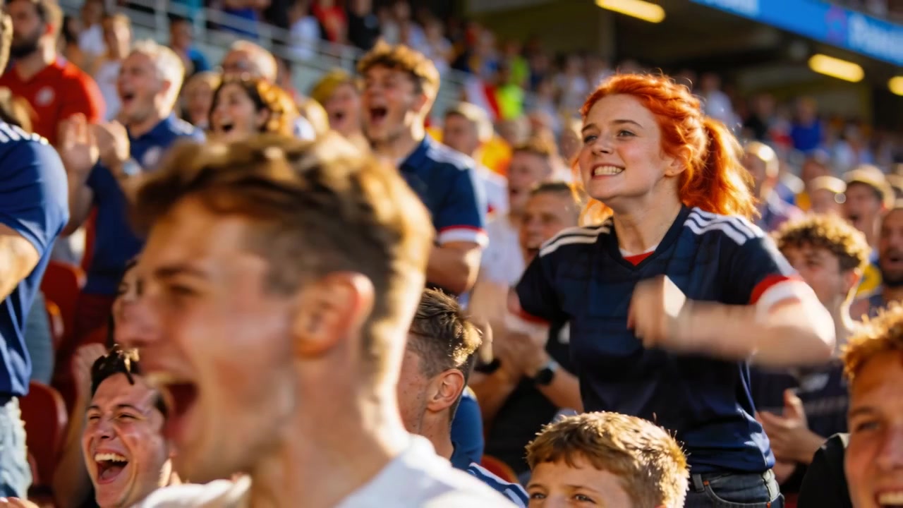 Auf das Spiel reagierend, steht eine rothaarige Frau im Stadion mit Teamtrikots, schreiend und die Fäuste ballend.