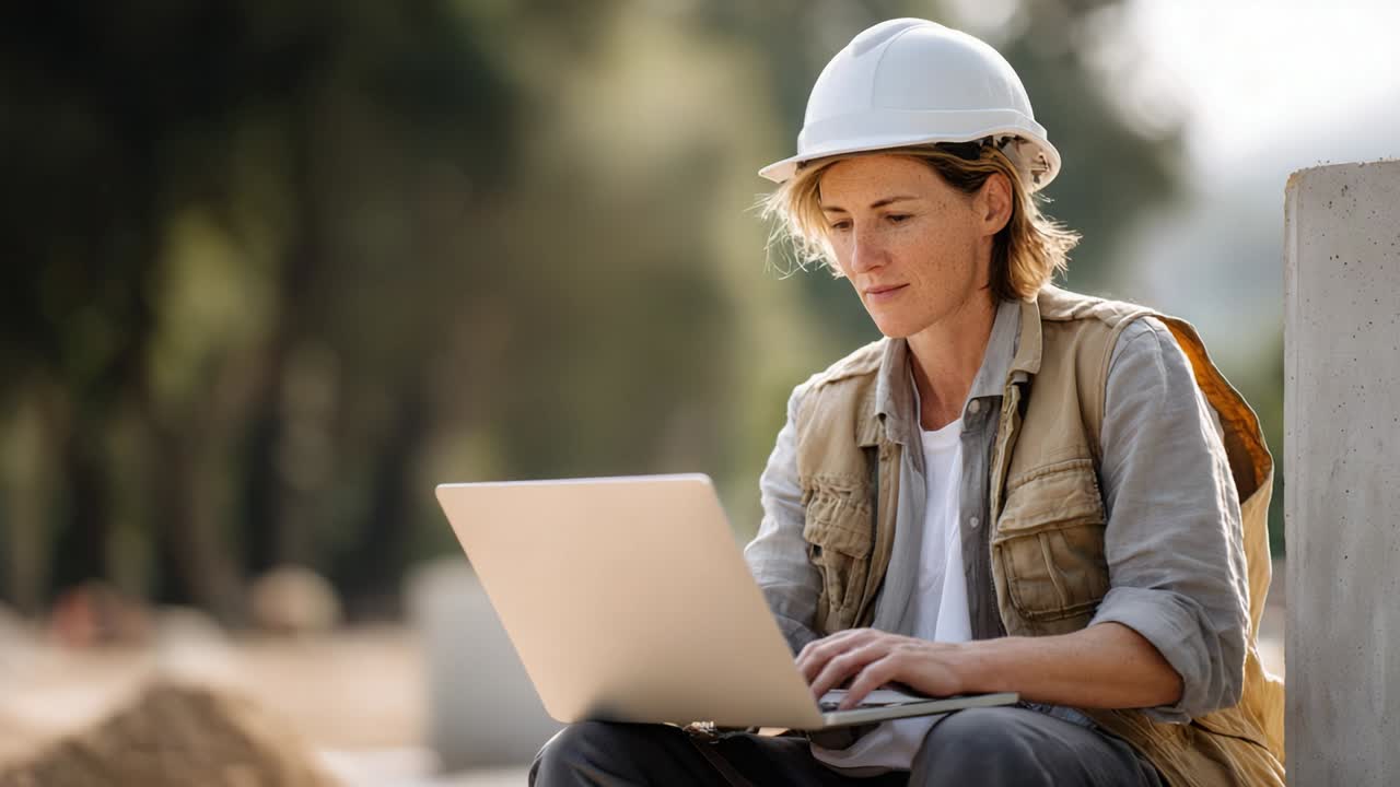 Focused Construction Worker Utilizing Laptop Outdoors to Enhance Project Management and Communication Efforts on Site with Safety Gear and Determined Expression