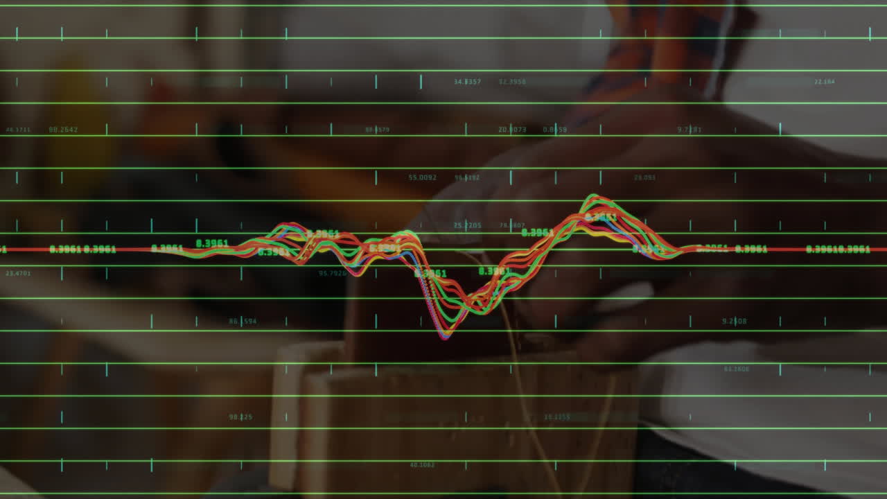 Home cook chopping herbs in kitchen, showing tech grid and multicolored data wave graphs overlay