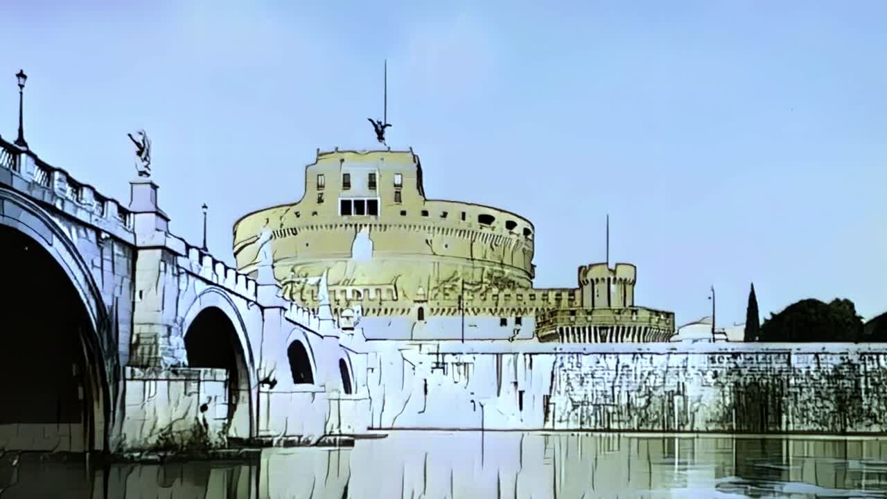 Present and past of Hadrian Mausoleum or Castel Sant'Angelo in Rome, cartoon animation