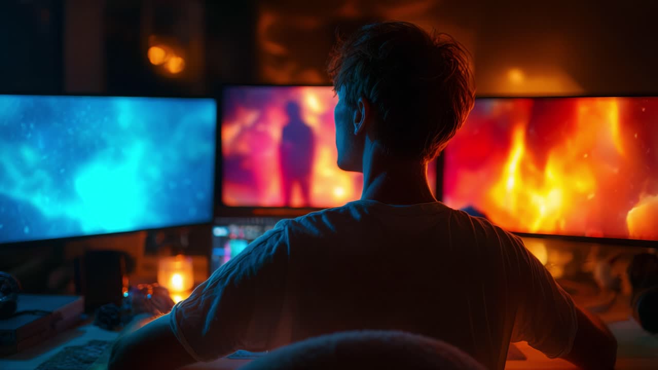 A digital artist immersed in creativity, gazing at dual vibrant displays of cosmic imagery, capturing the essence of imagination and innovation in a cozy workspace environment