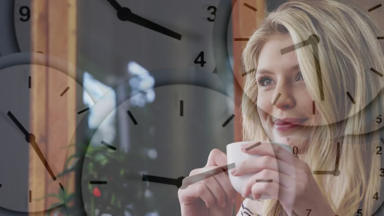 Woman at cafe raising mug to sip initiating clock overlays showing time passing for food marketing