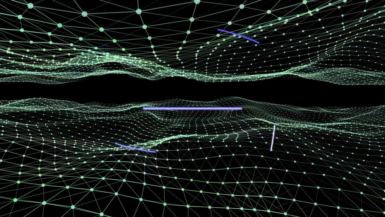 Animation of blue abstract shapes over green digital wave against black background