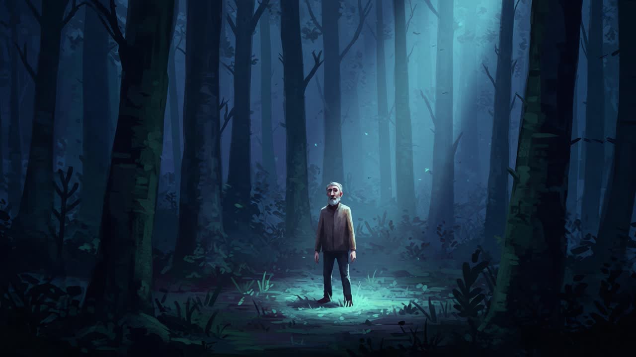 A solitary figure navigating through a mystical, dimly lit forest, enveloped in shadows and beams of moonlight, evoking a sense of mystery and introspection