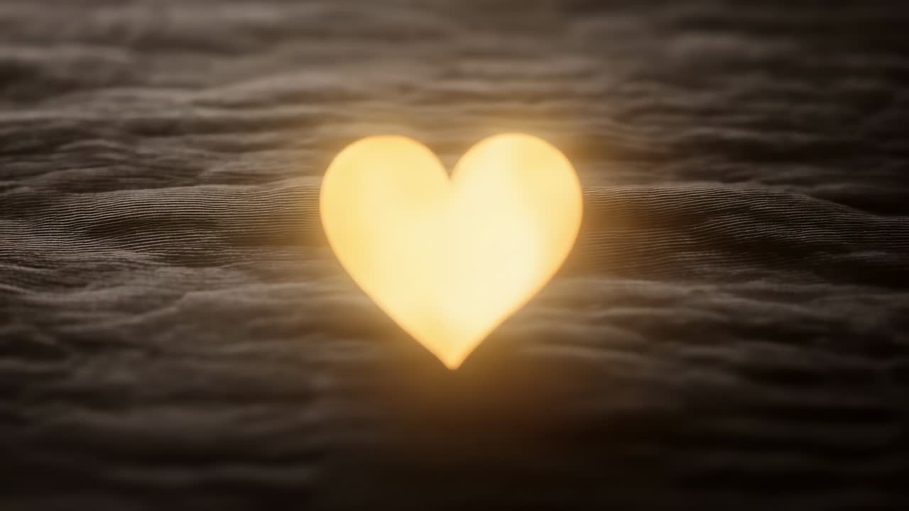 Appearing golden heart hovering above rippled plane, pulsing halo and casting subtle reflections