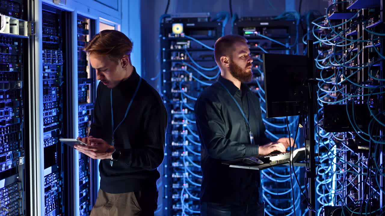 Two men managing data in a server room