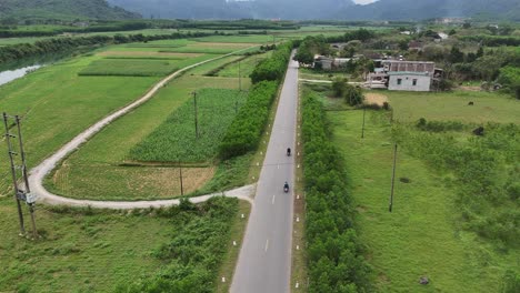 Drone-Shot-of-Biking-Passing-in-Highway-Surrounded-by-Nature