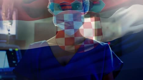 Animation-of-waving-croatia-flag-over-portrait-of-caucasian-female-surgeon-at-hospital
