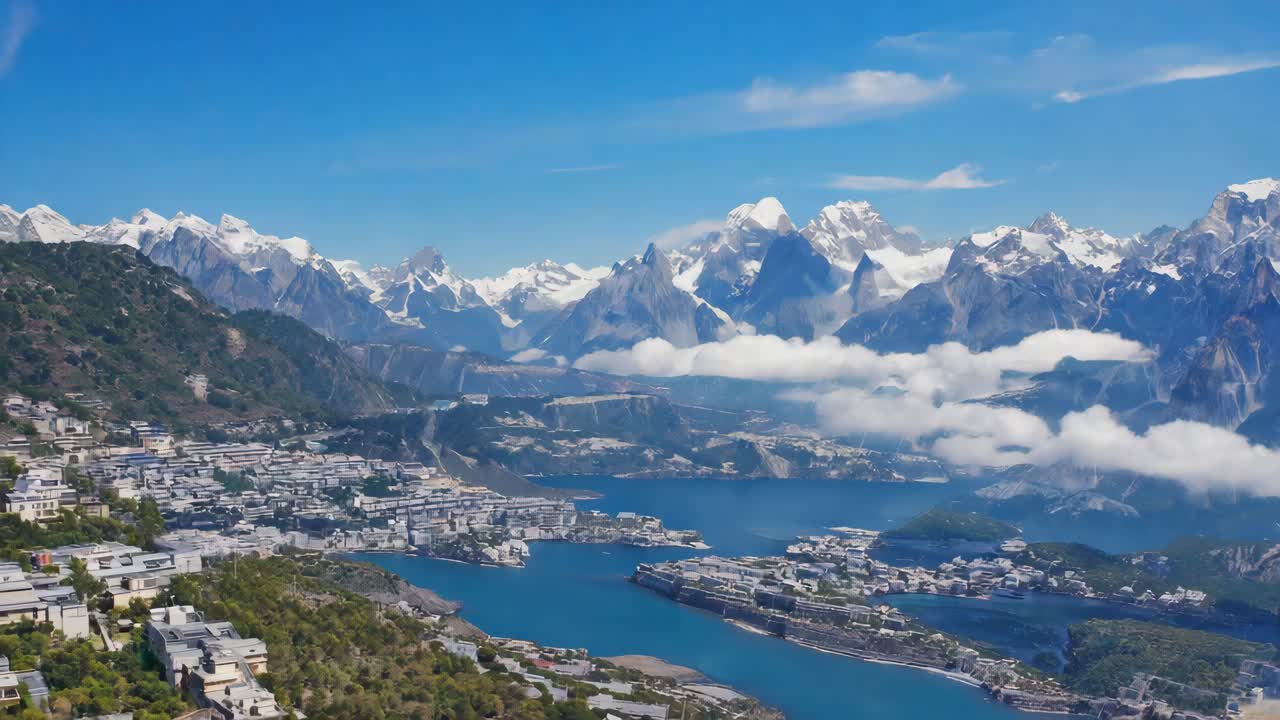 Panoramic View of a City and Lake at the Foot of Snow-Capped Mountains