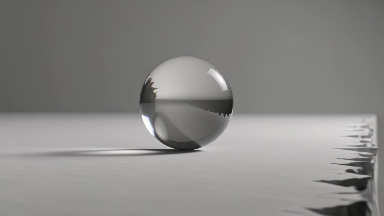 Rolling after initial impulse, clear glass sphere teetering toward faceted ledge on gray tabletop