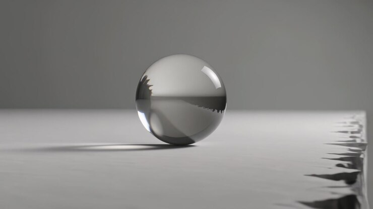 Rolling after initial impulse, clear glass sphere teetering toward faceted ledge on gray tabletop