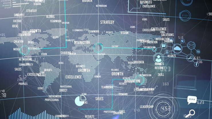 Animation of network of connections with digital words over world map in background
