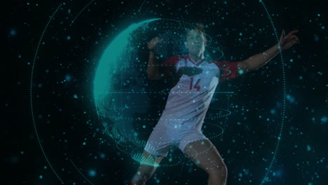 soccer player kicking ball with animation of digital globe and data visualization