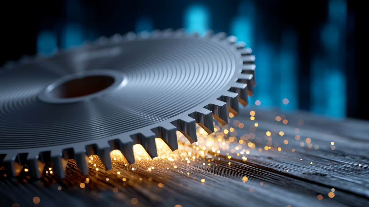 Cutting metal with sparks in a workshop. A sharp circular saw blade creates sparks while cutting through metal in a dim workshop