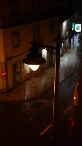 rainy night street scene with streetlight