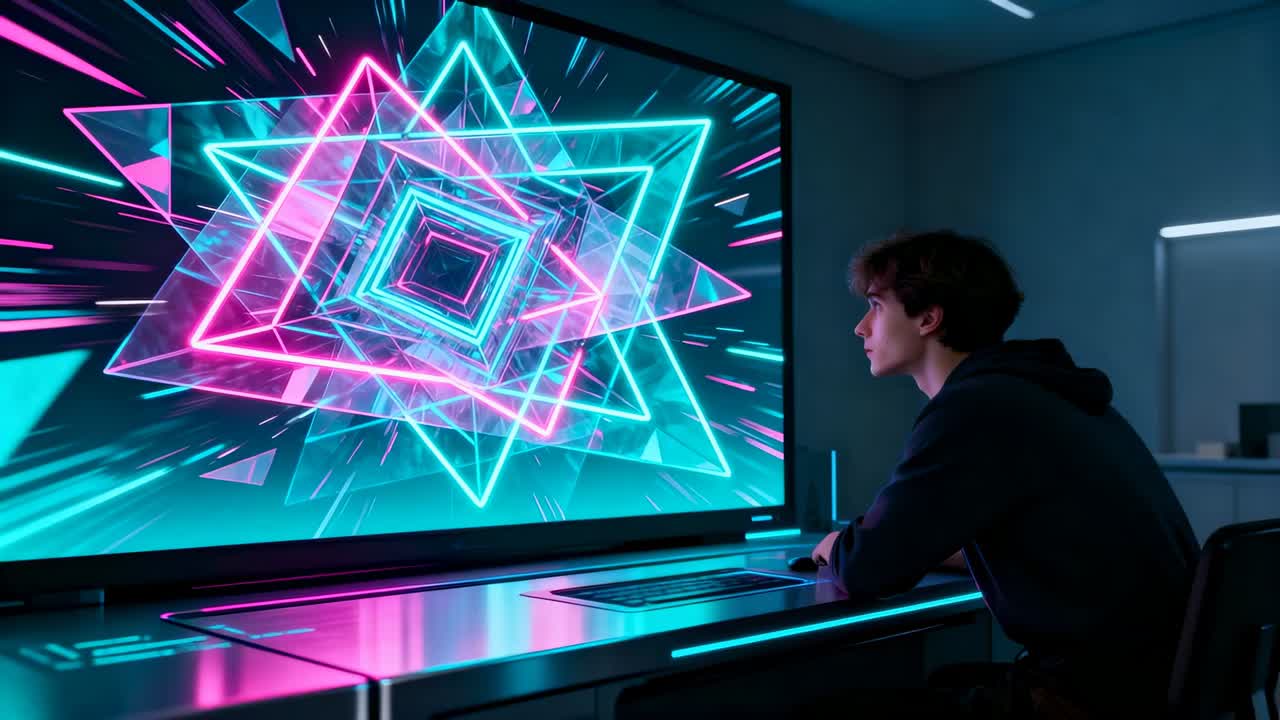 Se en mand med hættetrøje læne sig op ad et skrivebord med en neon tunnel, der zoomer indad på en buet skærm, med plads til tekst