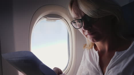 business woman is reading documents on the plane business and travel