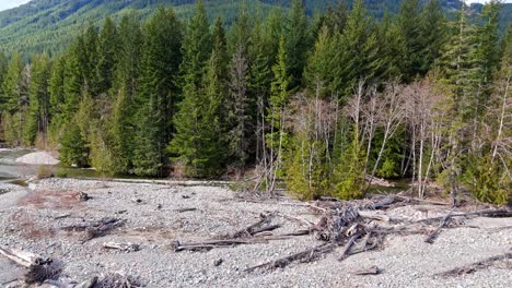 Toma-Aérea-Ascendente-Desde-Hansen-Creek-En-Bosques-Siempre-Verdes-Y-Montañas-En-Snoqualmie,-Estado-De-Washington.