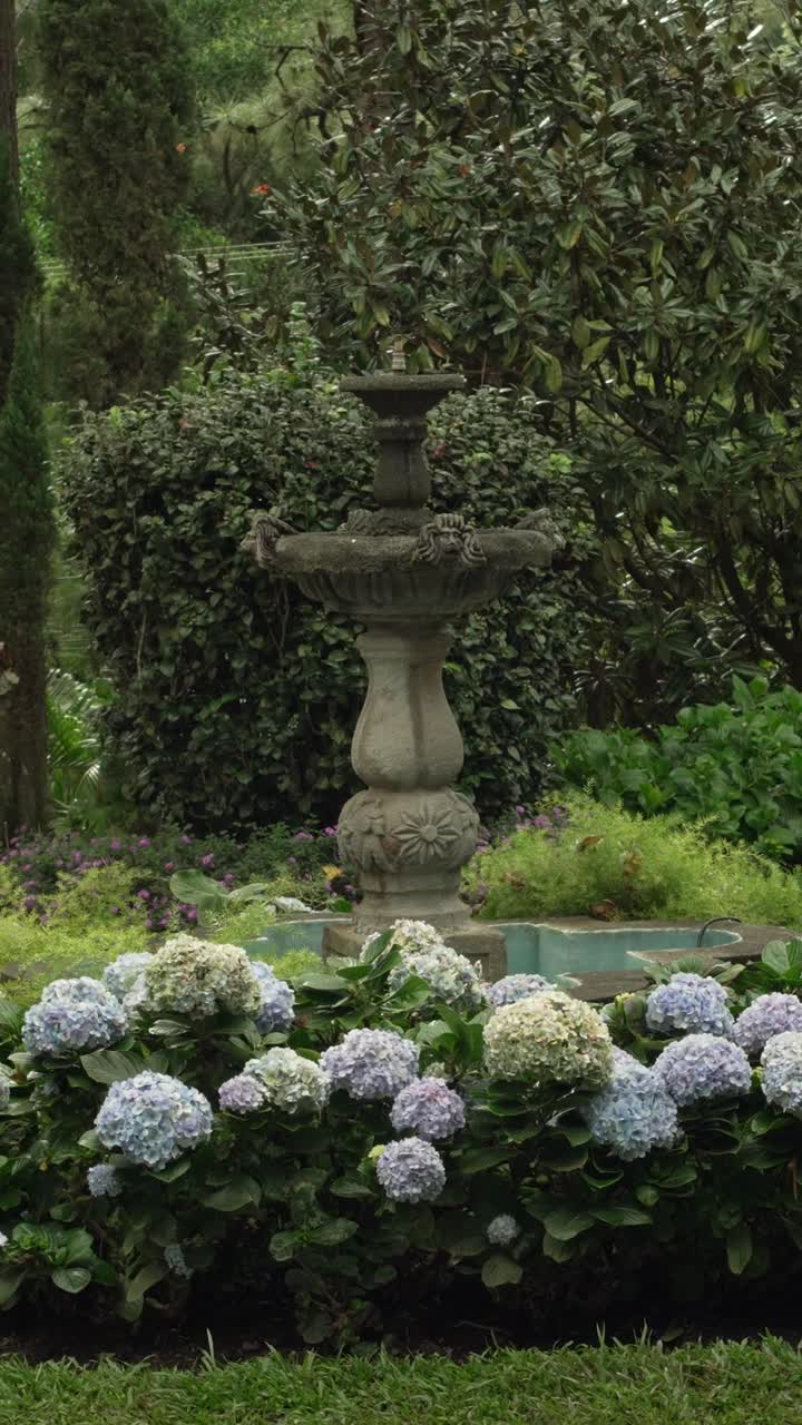 A beautiful garden with a fountain surrounded by flowers and green vegetation. Real estate. Vertical