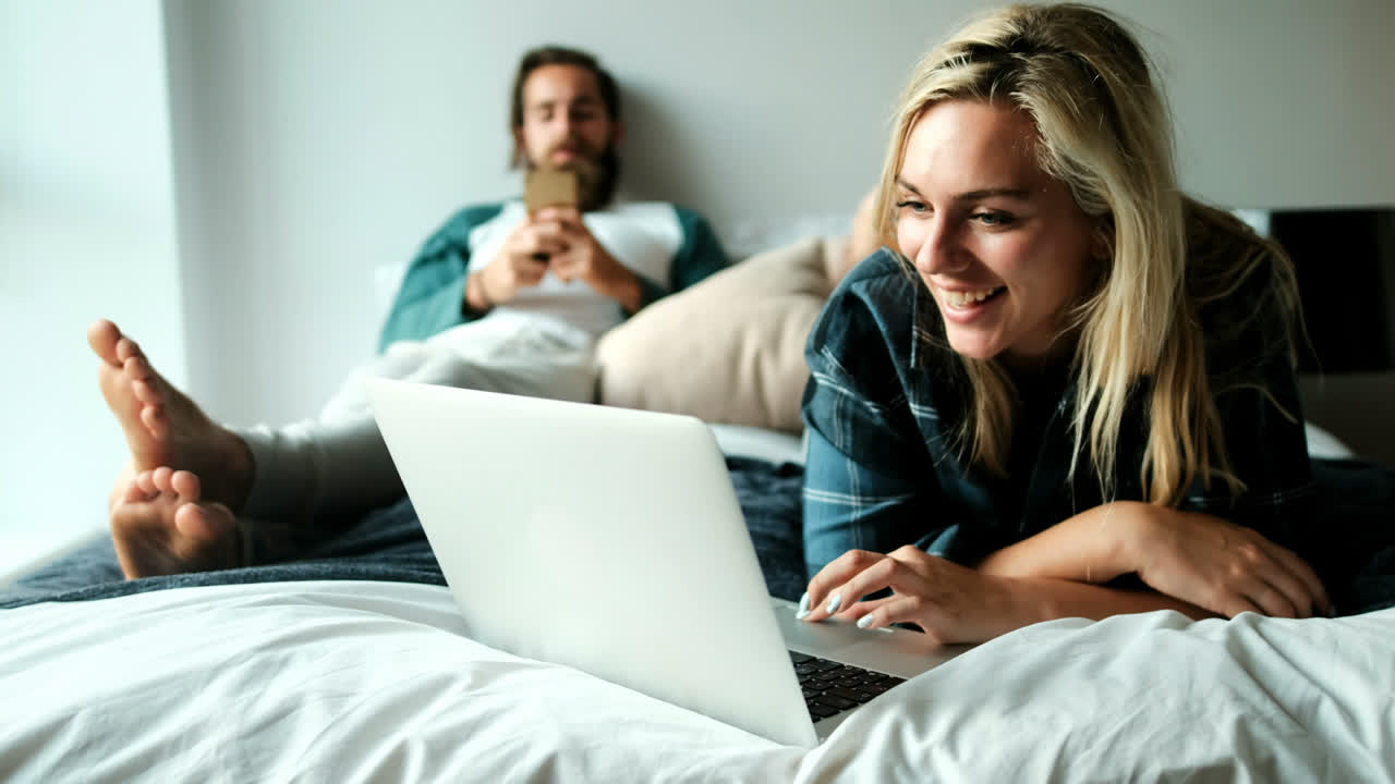Couple using laptop and mobile phone on bed at home 4k