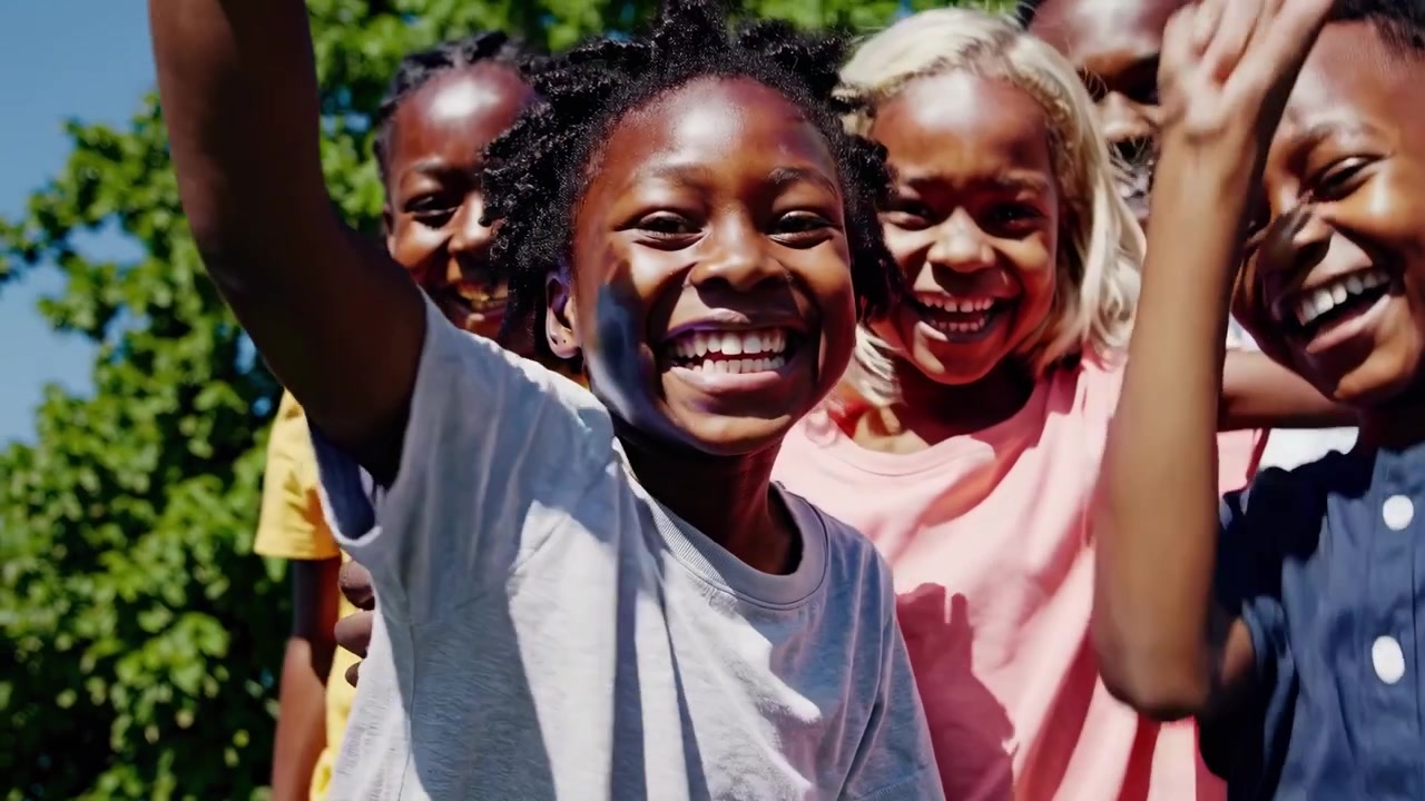 Glückliche afrikanische Kinder, die im Freien in die Kamera winken und lächeln