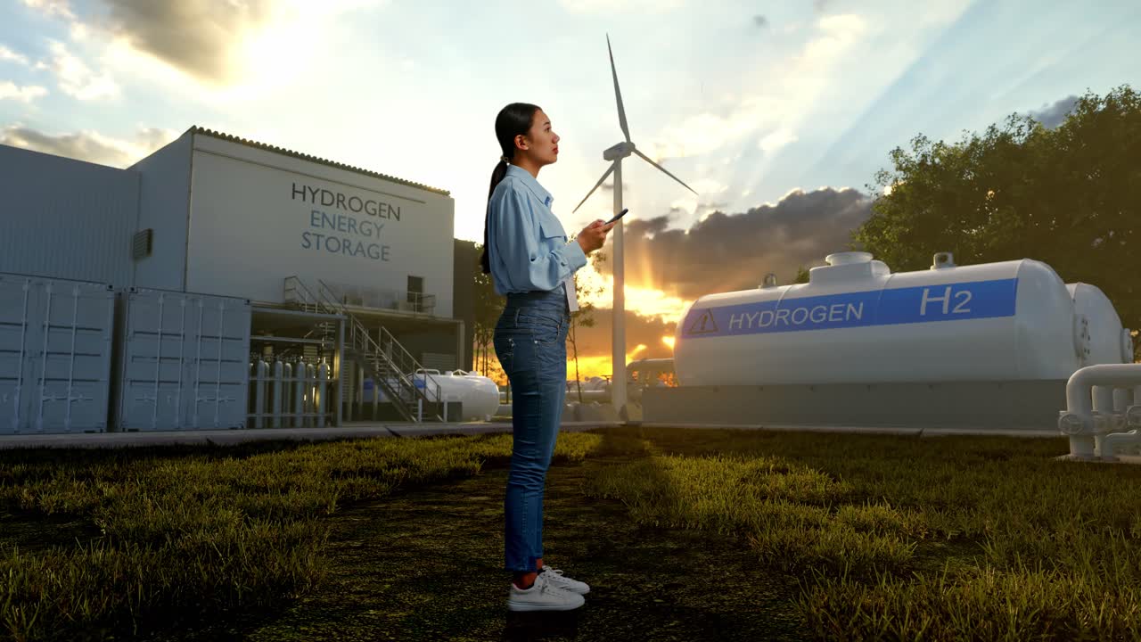 하이테크 산업 시설인 녹색 수소 공장에서 드폰을 들고 서 있는 아시아 여성 노동자가 스마트폰으로 집중하기 전에 주변을 둘러보며 관찰합니다.