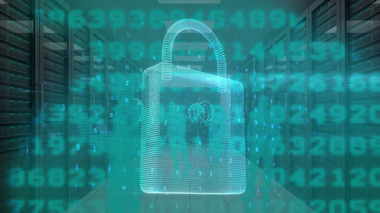 animación de advertencia de ataque cibernético y candado sobre siluetas de personas en la sala del servidor