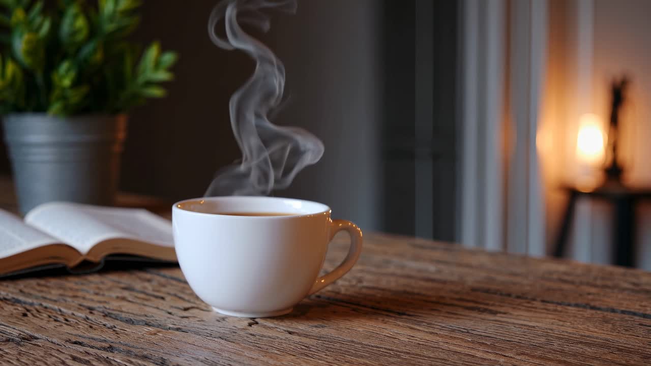 Cozy video scene with a steaming coffee cup on a rustic wooden table, shot from a side angle