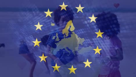 animation of flag of europe with map over african american family at beach