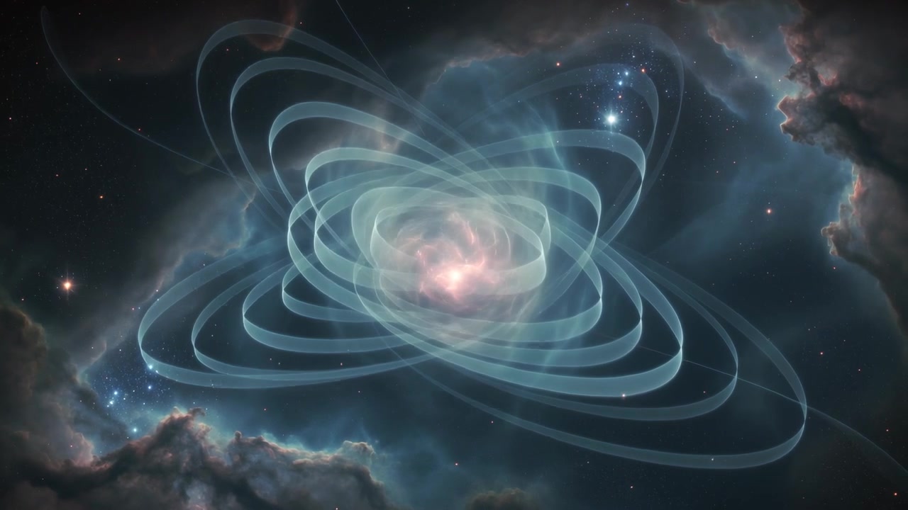 Reacting to core pulsing, teal ribbons emerging and layering around pale-pink core in nebula