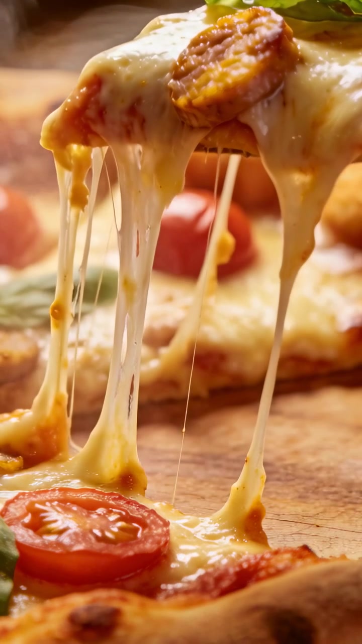 Video verticale: Chef afferra e solleva una fetta di pizza da un tagliere di legno per servirla, con il formaggio che si allunga.