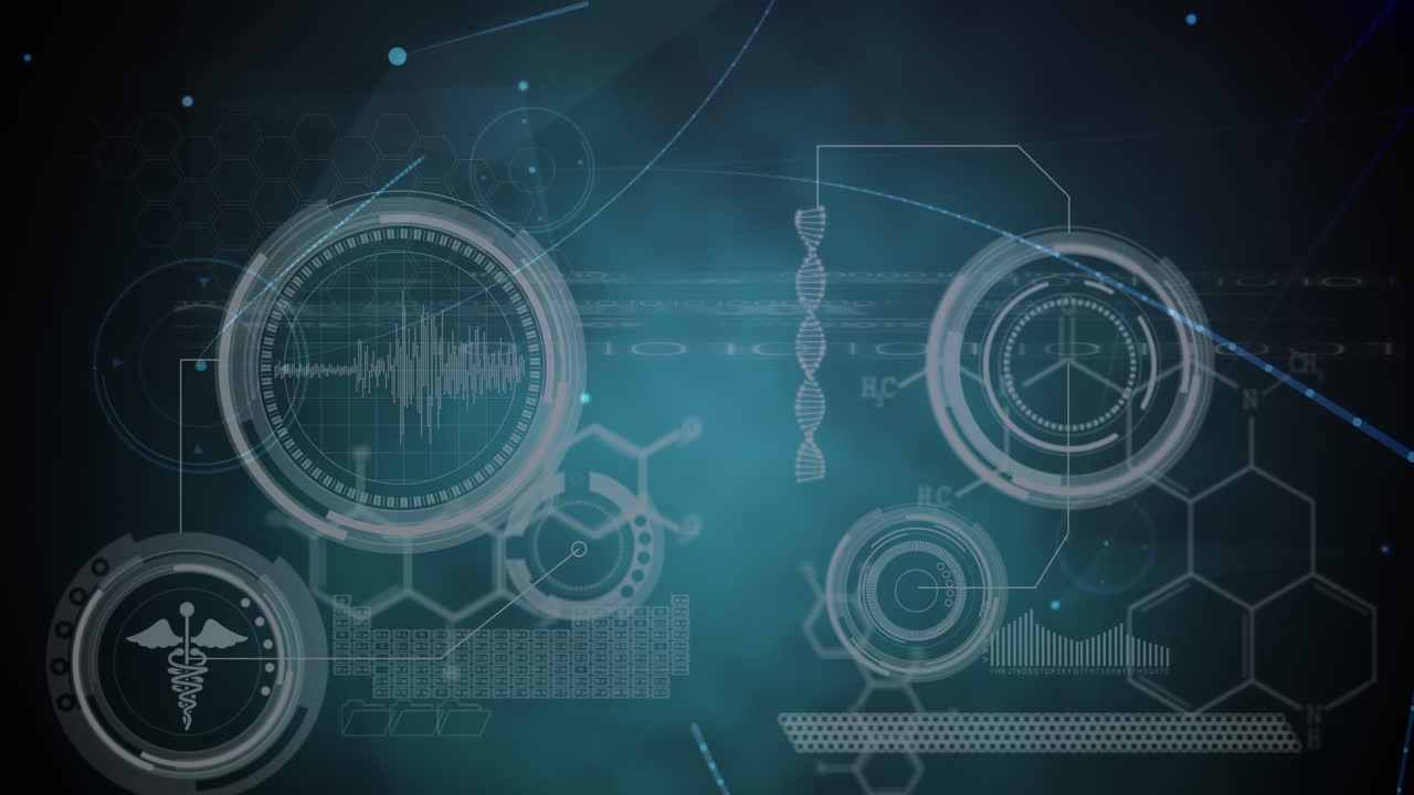 red de conexiones a través de interfaz digital con procesamiento de datos médicos contra un fondo azul