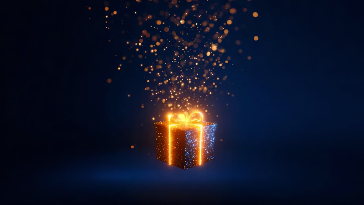 A Glimmering Gift Box Unveils Its Radiant Surprise with Sparkling Particles Emanating from Within, Capturing the Essence of Celebration and Joyful Anticipation in a Magical Display
