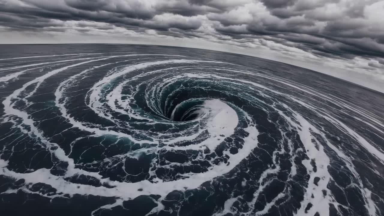 Dramatic aerial video shot of a swirling ocean vortex under stormy skies, showcasing nature's power