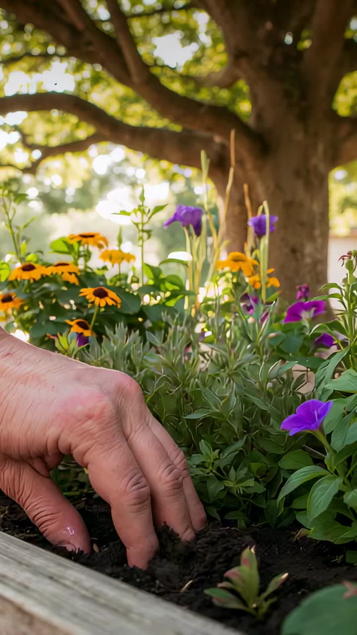 Vertical video: Reaching senior hands tucking plants into planter by shade tree, securing seedlings
