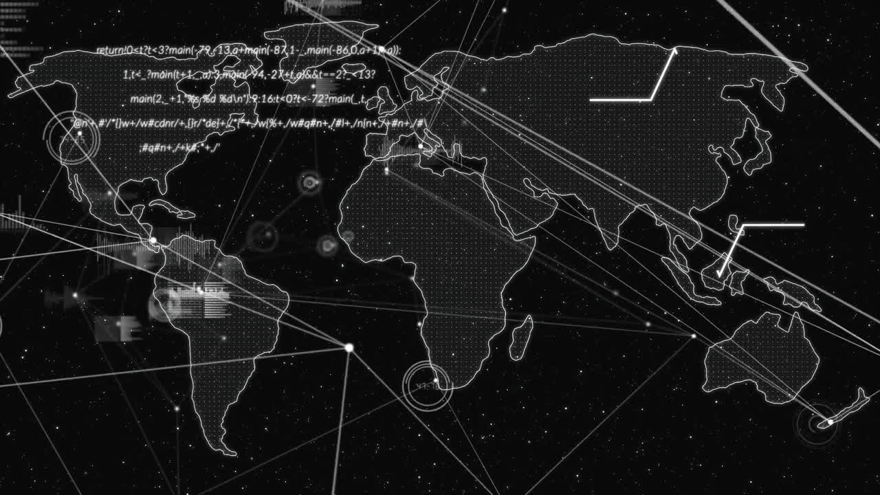 Animation of digital world map showing network connections and complex coding