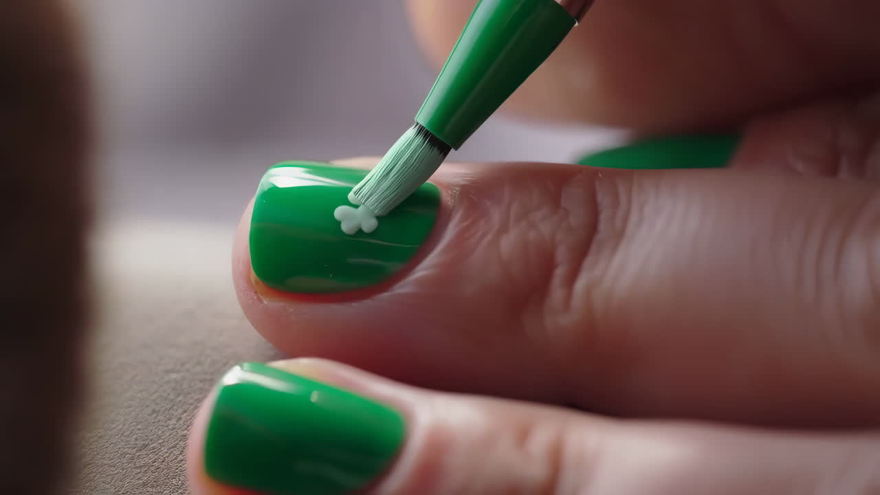 Close-up of creating a shamrock nail art design on green painted nails