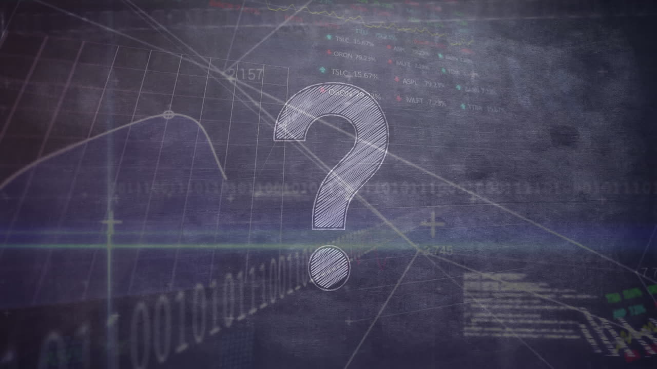 animación del signo de interrogación sobre la pantalla del mercado de valores en el fondo