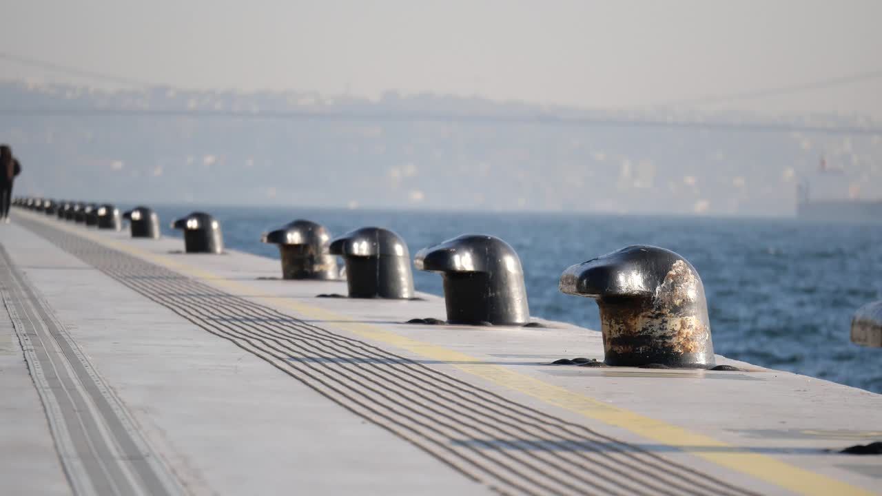 Mooring Bollards on a Waterfront Pier in Istanbul