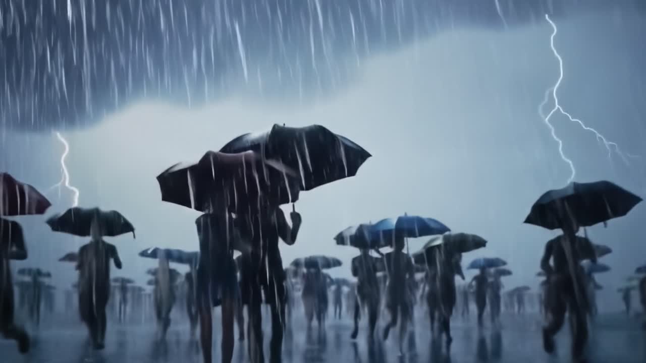 A Collective Struggle Against Nature: Silhouettes of People with Umbrellas Endure Torrential Rain and Blinding Lightning, Exemplifying Resilience in Adverse Weather Conditions