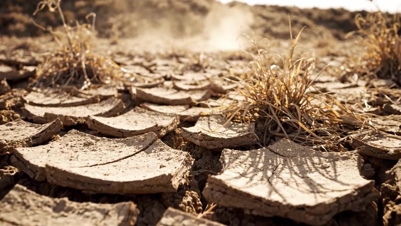 Desolate Landscape Highlighting Drought Conditions with Cracked Earth and Sparse Grass Struggling for Survival Amidst Harsh Environmental Challenges